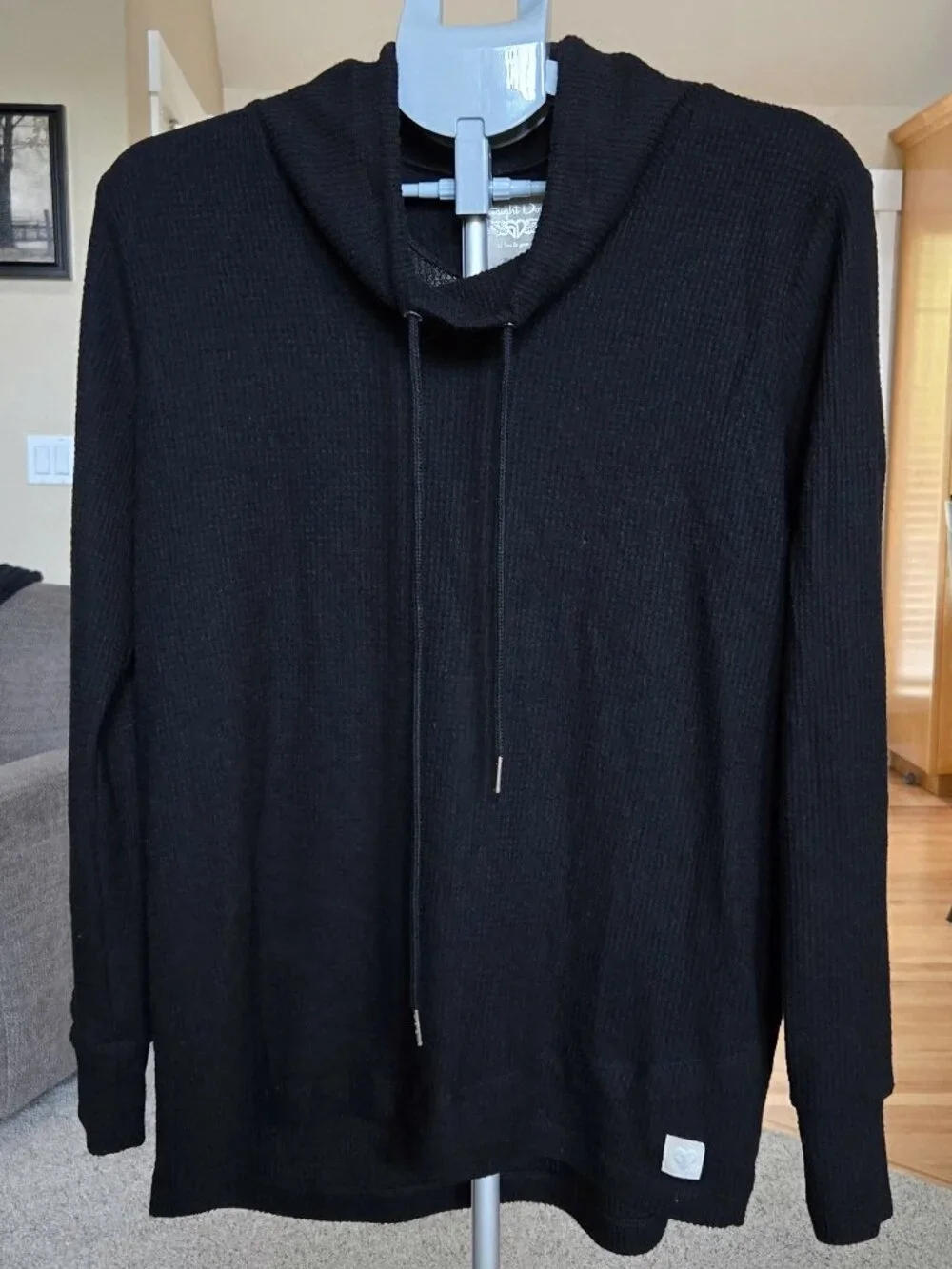 Straight Down sz XL black waffle knit Misty pullover with drawstring cowl neck - Picture 1 of 4